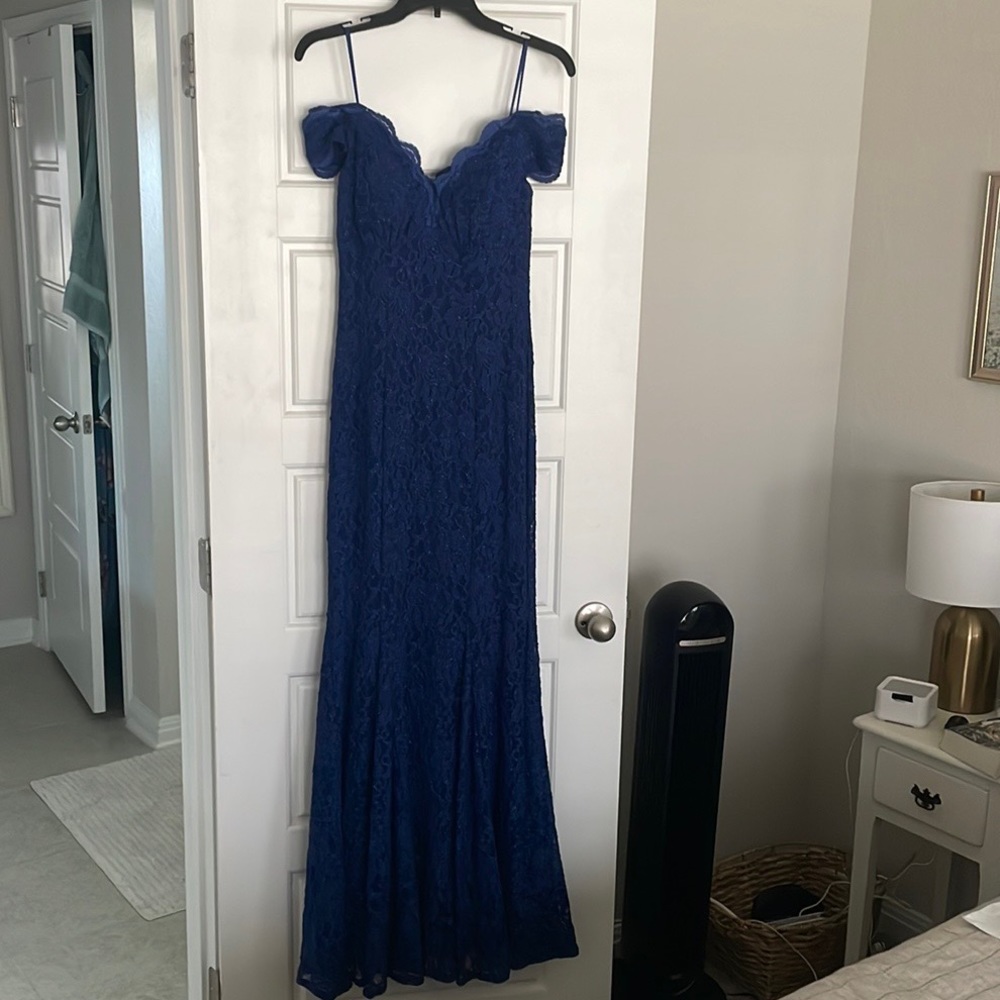 Navy Blue Lace Off-the-Shoulder Maxi Dress